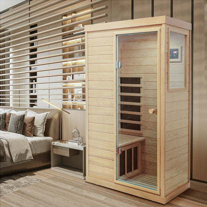 One Person Hemlock Mini  Far Infrared Door on the Right of The Indoor Sauna Room