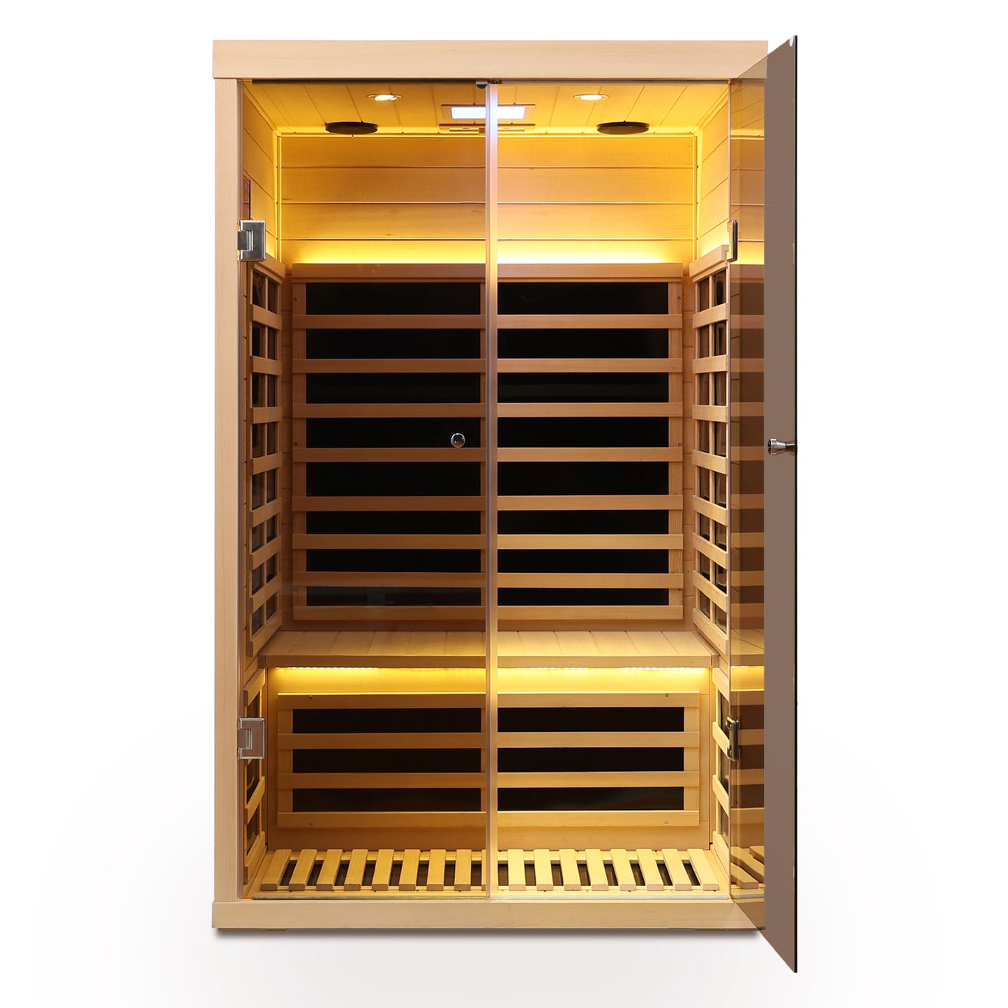 Low EMF Two Person Wide Space Hemlock Double Doors Great Glass Luxury Indoor Far Infrared Sauna Room