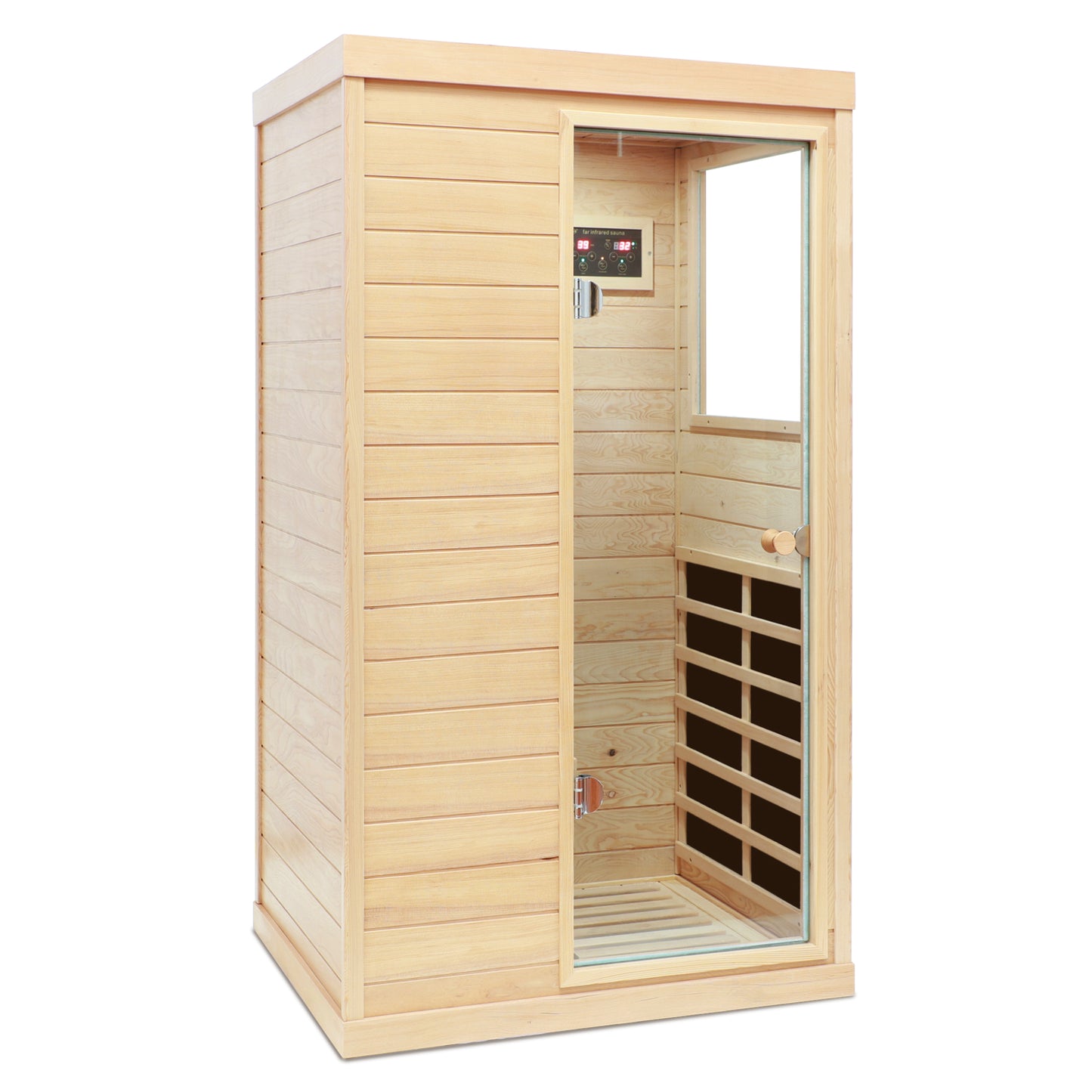 One Person Hemlock Mini  Far Infrared Door on the Right of The Indoor Sauna Room