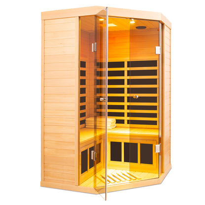 Two Persons Sauna Room Large Glass Front Deluxe Transparent Version Hemlock Far Infrared Corner Sauna Room