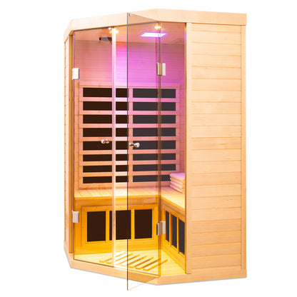 Two Persons Sauna Room Large Glass Front Deluxe Transparent Version Hemlock Far Infrared Corner Sauna Room