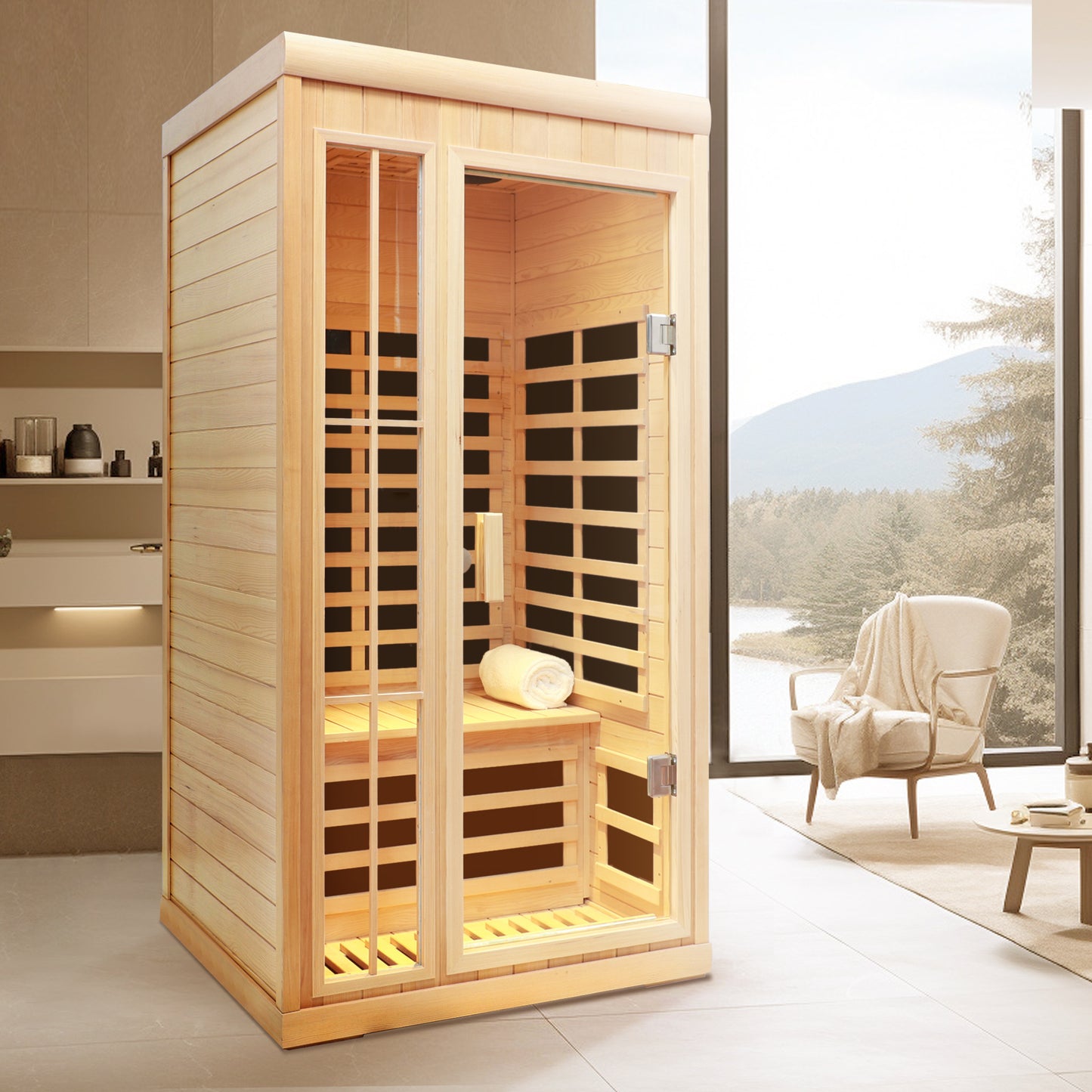 Deluxe version Plus One person Far infrared Hemlock Sauna room with LED colour lights