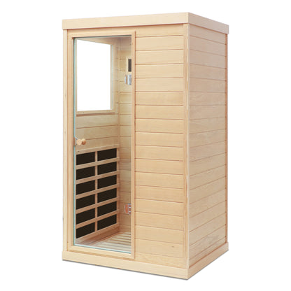 One Person Hemlock Mini  Far Infrared Door on the Left of The Indoor Sauna Room