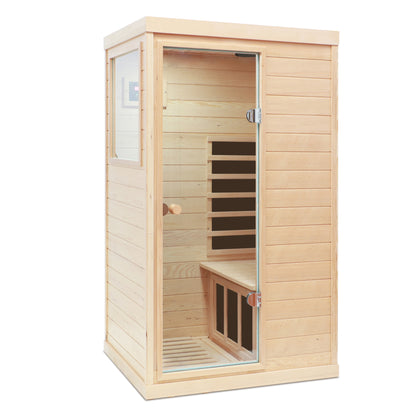 One Person Hemlock Mini  Far Infrared Door on the Left of The Indoor Sauna Room