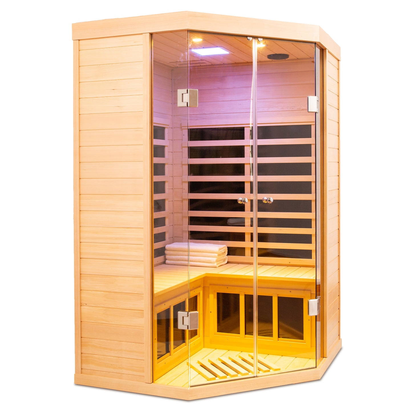 Two Persons Sauna Room Large Glass Front Deluxe Transparent Version Hemlock Far Infrared Corner Sauna Room