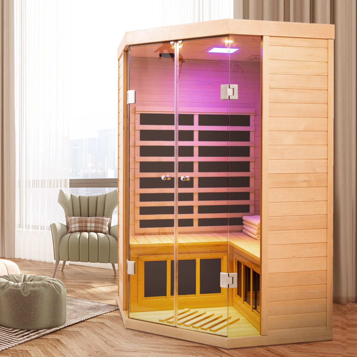 Two Persons Sauna Room Large Glass Front Deluxe Transparent Version Hemlock Far Infrared Corner Sauna Room