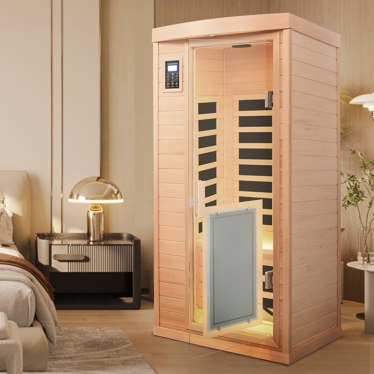 Low EMF Front Door with Heating Panel One Person Hemlock Far-infrared Indoor Sauna Room