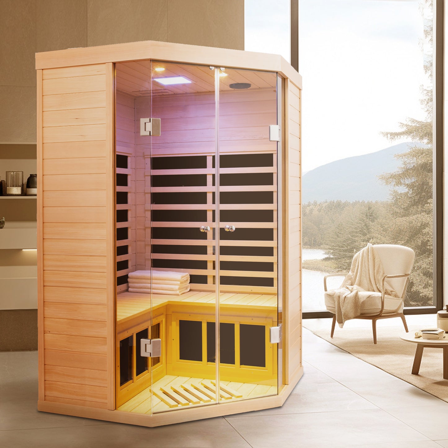 Two Persons Sauna Room Large Glass Front Deluxe Transparent Version Hemlock Far Infrared Corner Sauna Room