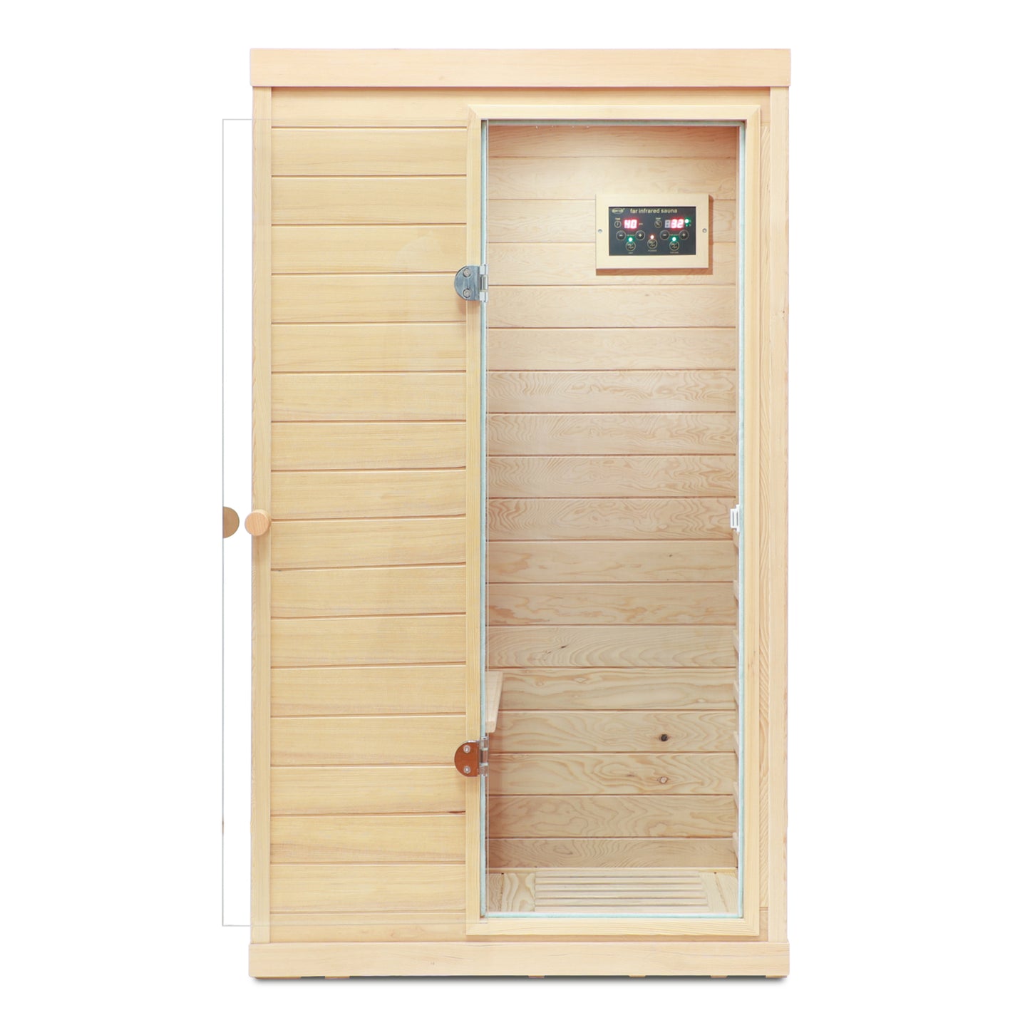 One Person Hemlock Mini  Far Infrared Door on the Right of The Indoor Sauna Room