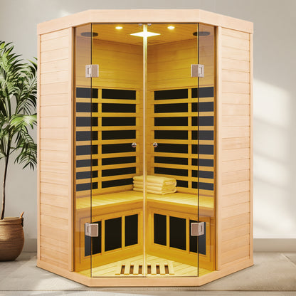 Two Persons Sauna Room Large Glass Front Deluxe Transparent Version Hemlock Far Infrared Corner Sauna Room