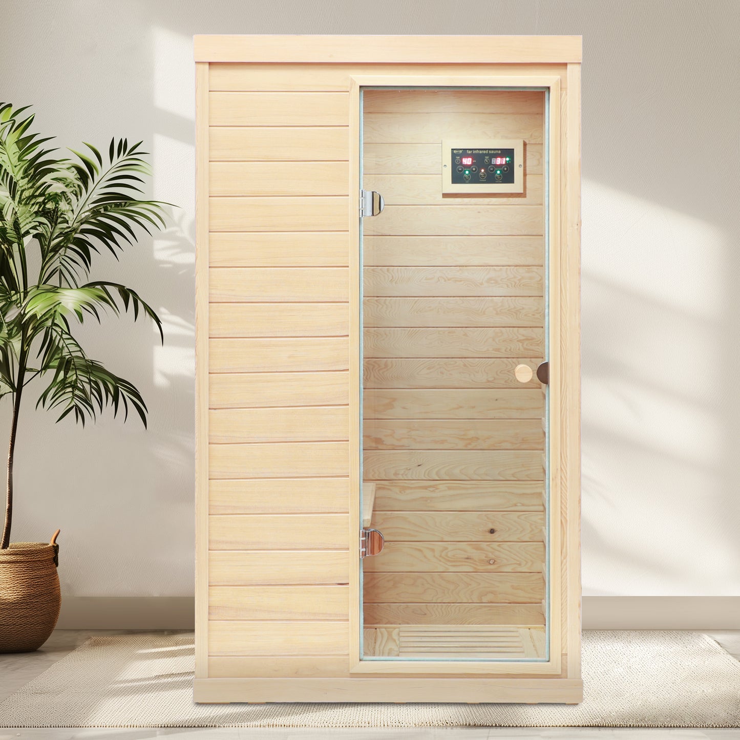 One Person Hemlock Mini  Far Infrared Door on the Right of The Indoor Sauna Room