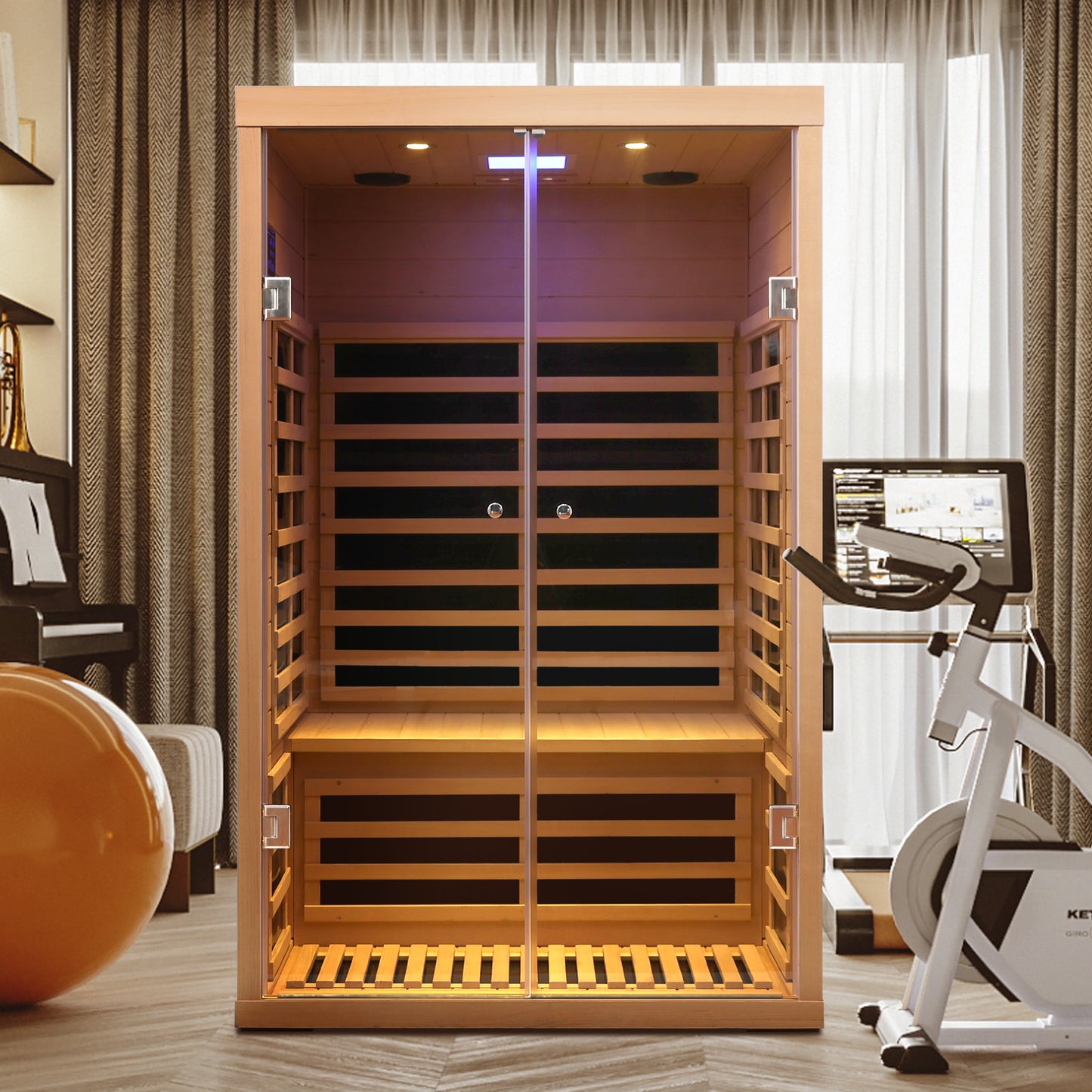 Low EMF Two Person Wide Space Hemlock Double Doors Great Glass Luxury Indoor Far Infrared Sauna Room