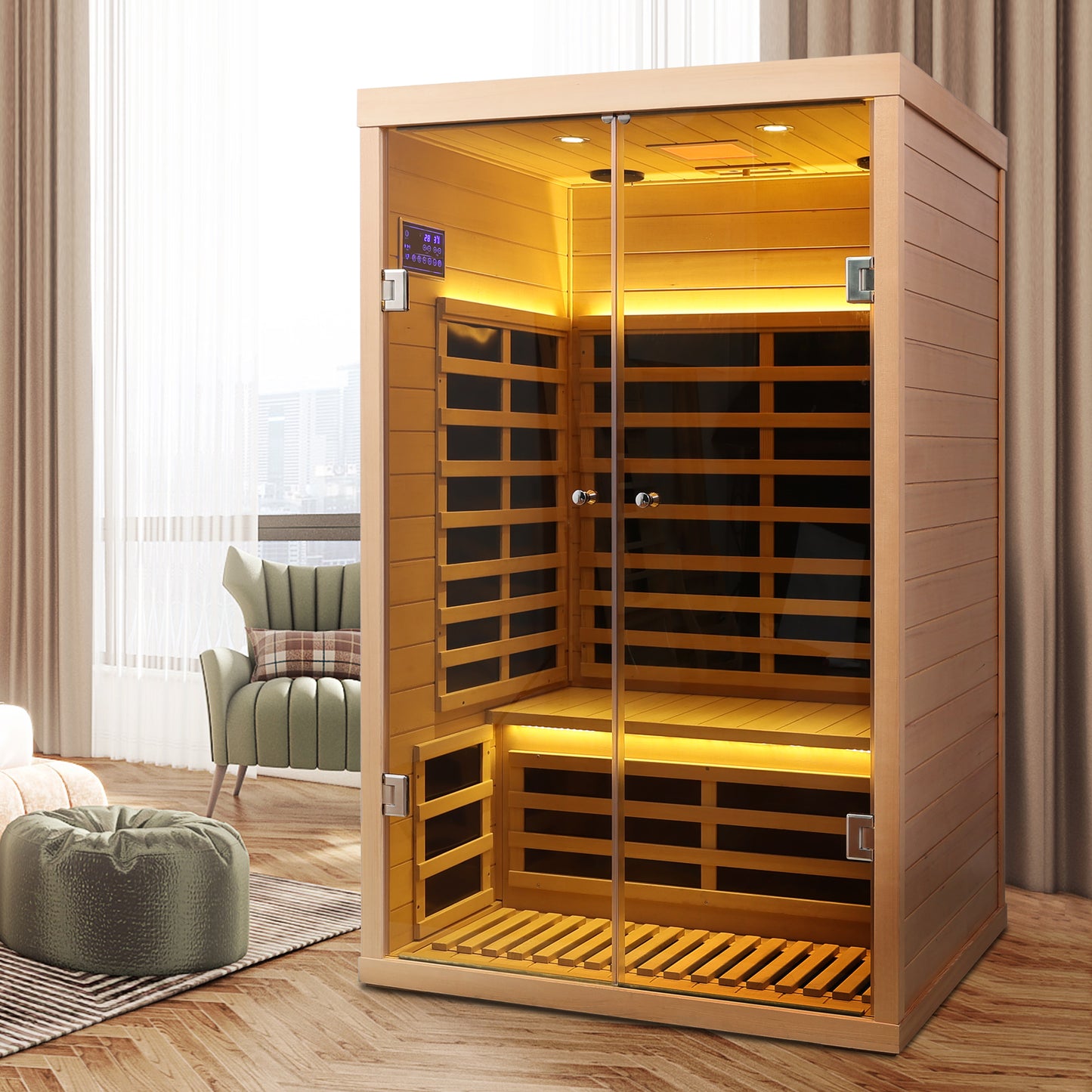 Low EMF Two Person Wide Space Hemlock Double Doors Great Glass Luxury Indoor Far Infrared Sauna Room