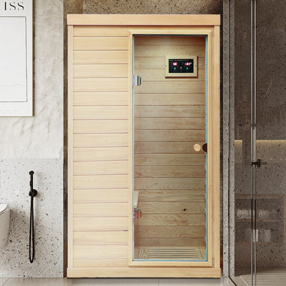 One Person Hemlock Mini  Far Infrared Door on the Right of The Indoor Sauna Room