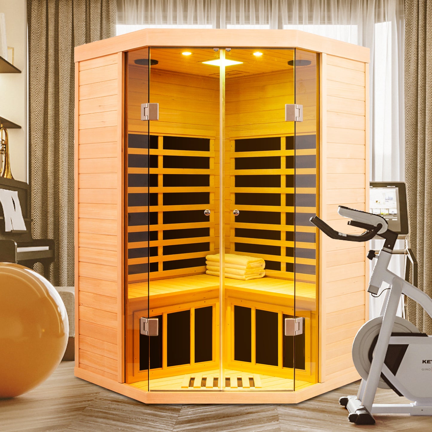 Two Persons Sauna Room Large Glass Front Deluxe Transparent Version Hemlock Far Infrared Corner Sauna Room