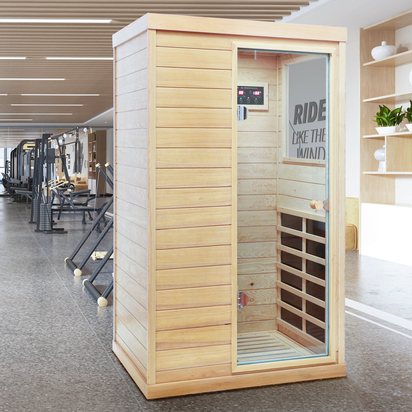 One Person Hemlock Mini  Far Infrared Door on the Right of The Indoor Sauna Room