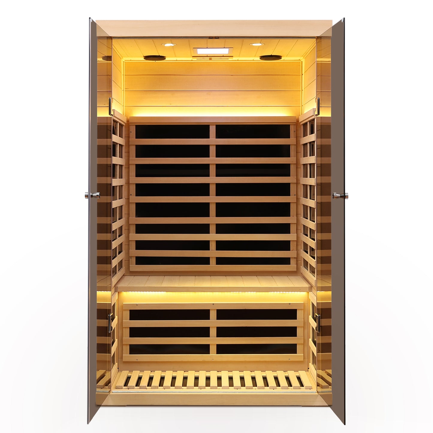 Low EMF Two Person Wide Space Hemlock Double Doors Great Glass Luxury Indoor Far Infrared Sauna Room