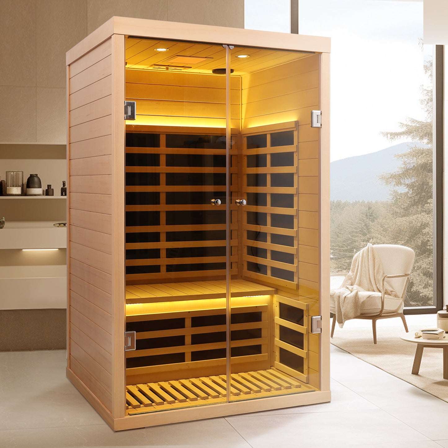 Low EMF Two Person Wide Space Hemlock Double Doors Great Glass Luxury Indoor Far Infrared Sauna Room