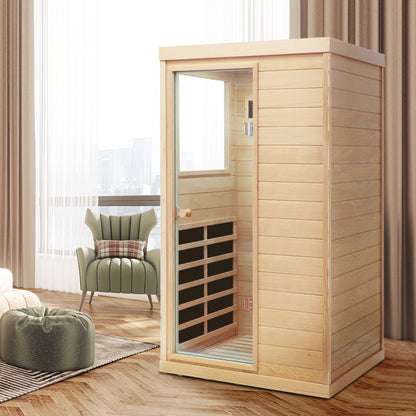 One Person Hemlock Mini  Far Infrared Door on the Left of The Indoor Sauna Room