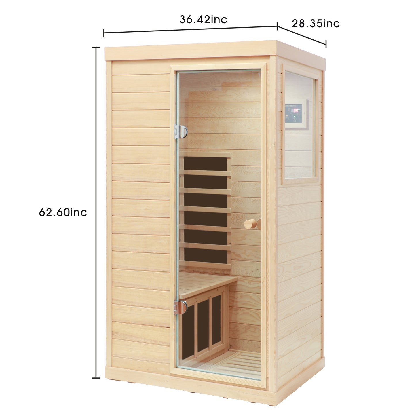 One Person Hemlock Mini  Far Infrared Door on the Right of The Indoor Sauna Room