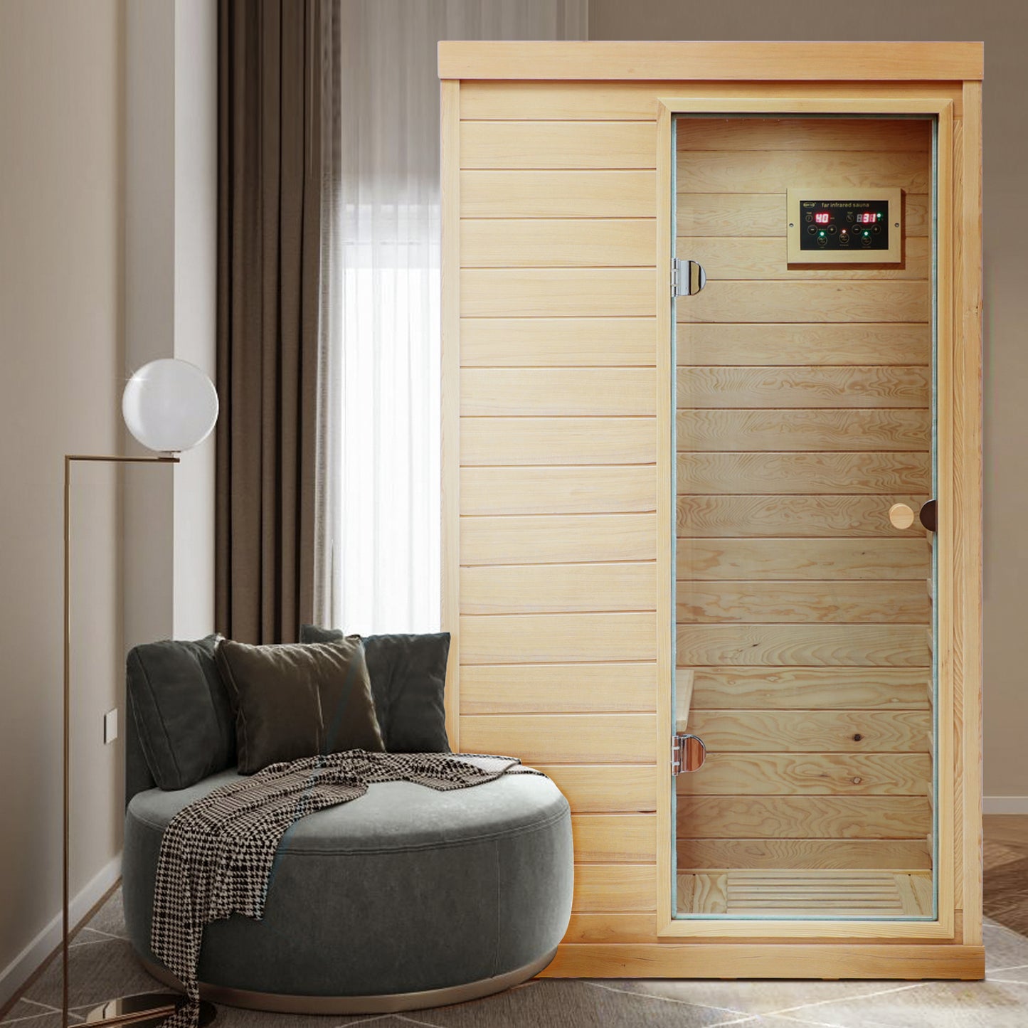 One Person Hemlock Mini  Far Infrared Door on the Right of The Indoor Sauna Room