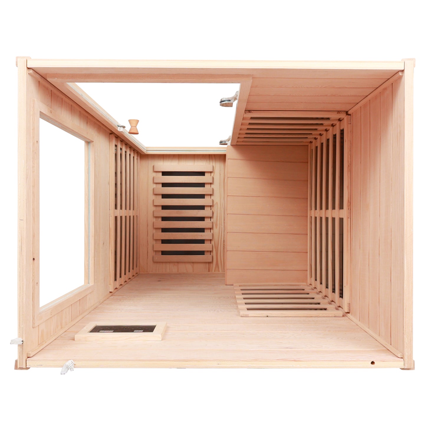 One Person Hemlock Mini  Far Infrared Door on the Right of The Indoor Sauna Room